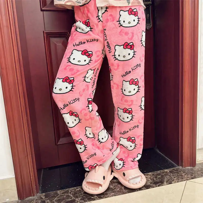 Thicken Hello Kitty Pajama Pants Sanrio Anime Fleece Double Elastic Fabric Soft Trousers Women Trousers Cartoon Birthday Gift