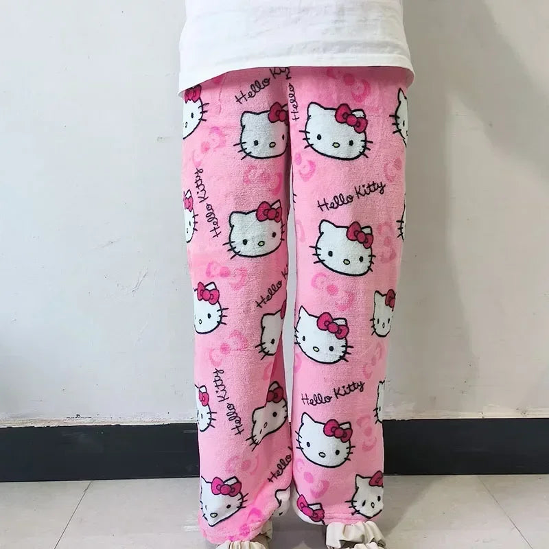 Thicken Hello Kitty Pajama Pants Sanrio Anime Fleece Double Elastic Fabric Soft Trousers Women Trousers Cartoon Birthday Gift